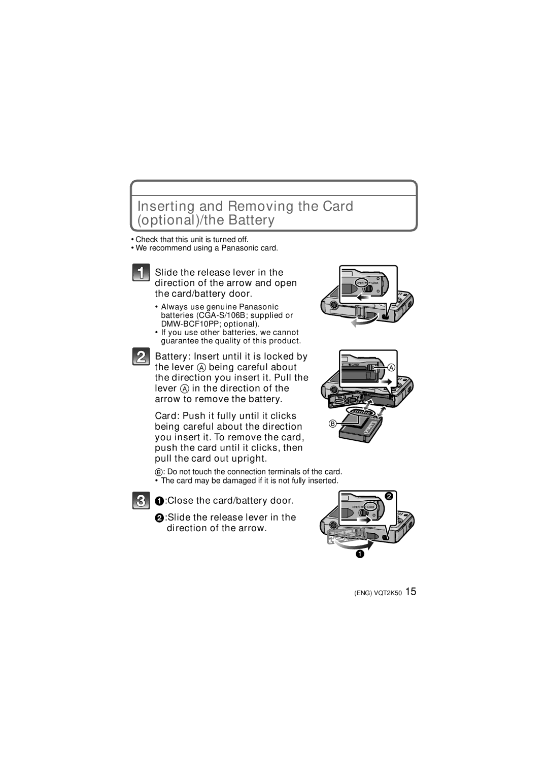 Panasonic DMC-FH3, DMC-FH20, DMC-FH1 operating instructions Inserting and Removing the Card optional/the Battery 