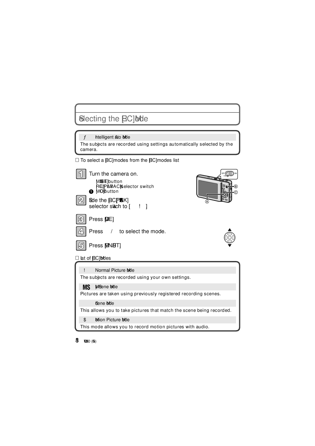 Panasonic DMC-FH3, DMC-FH20 Selecting the REC Mode, To select a REC modes from the REC modes list, List of REC Modes 