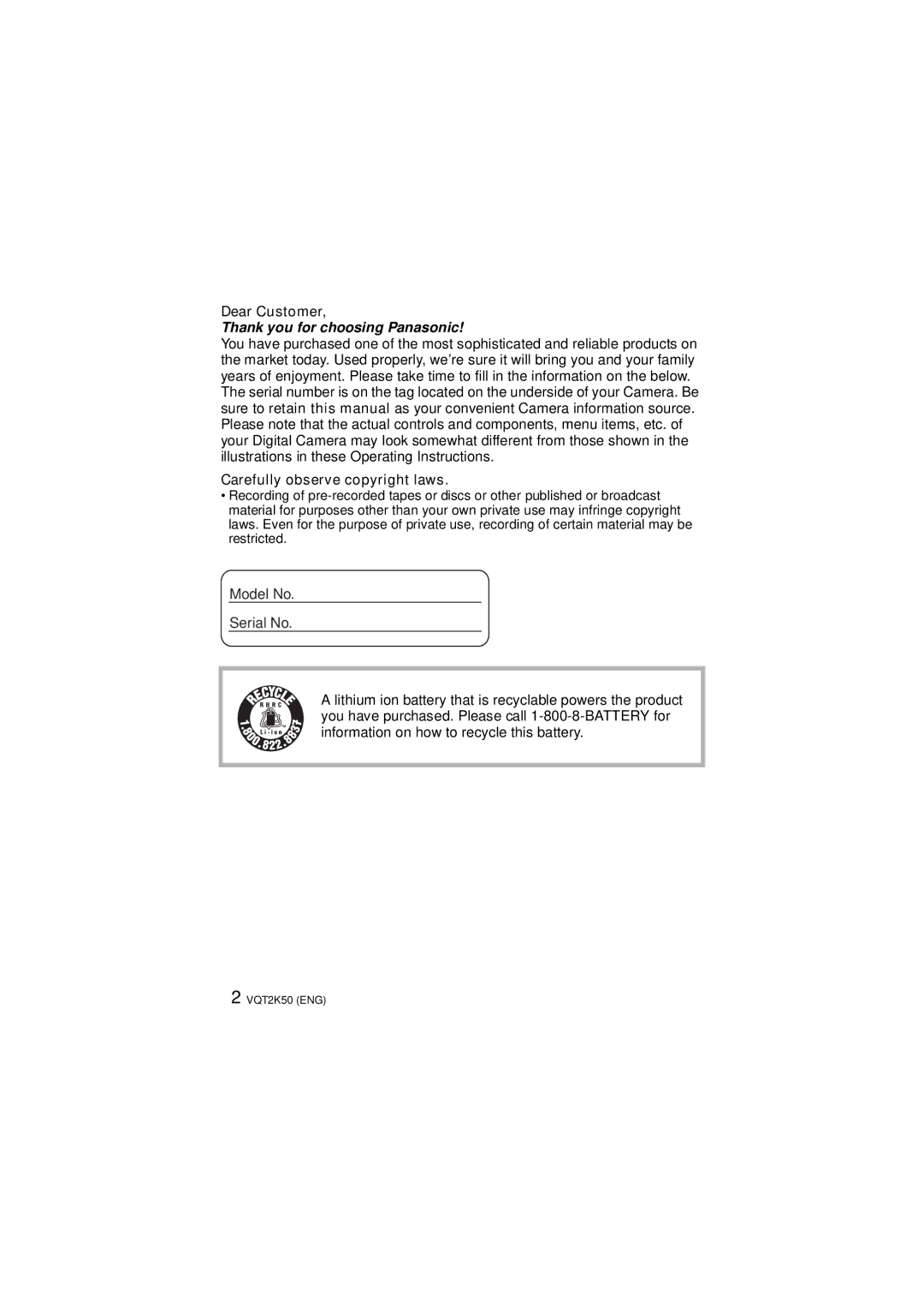 Panasonic DMC-FH1, DMC-FH3, DMC-FH20 operating instructions Dear Customer, Carefully observe copyright laws 