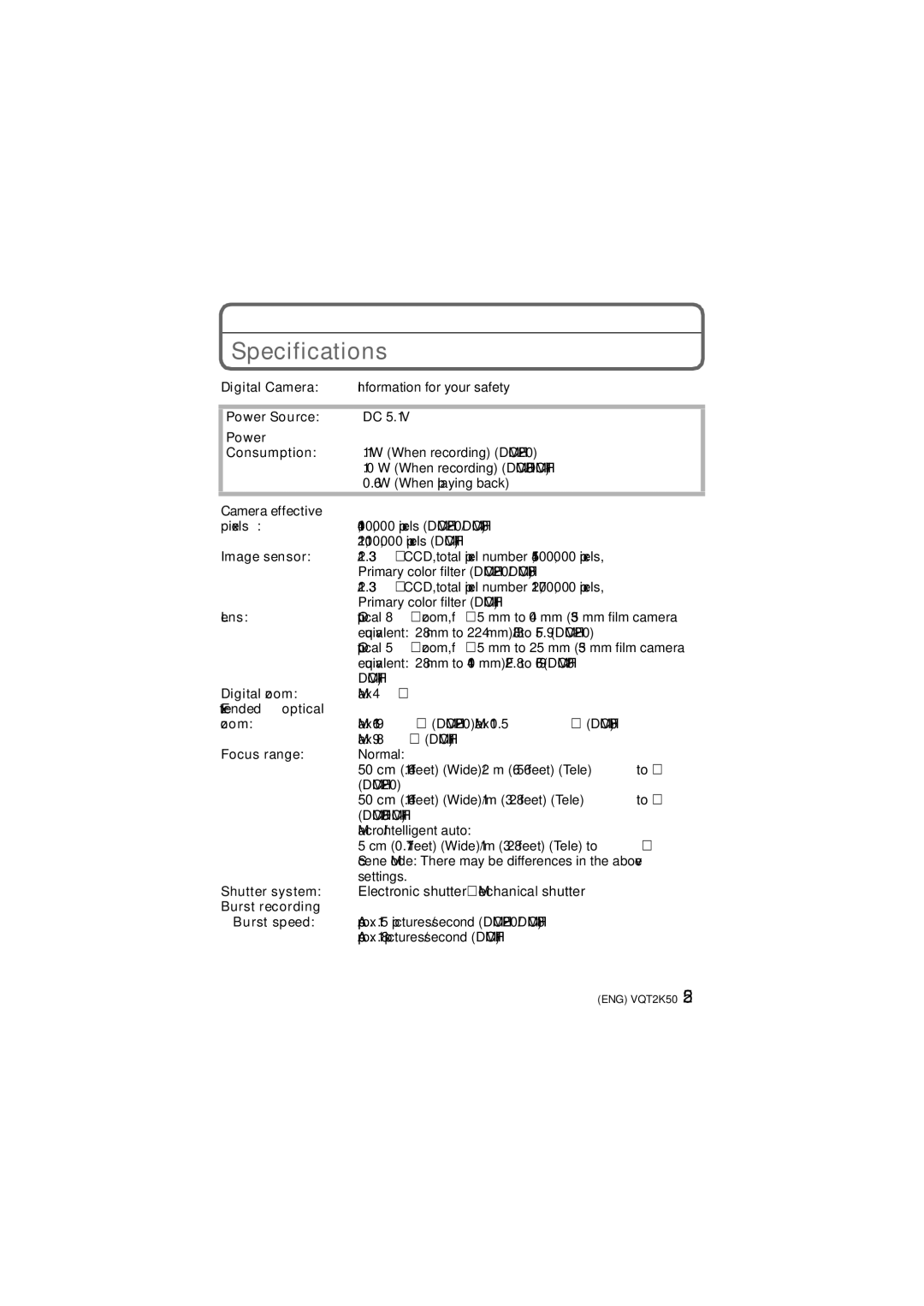 Panasonic DMC-FH20, DMC-FH3, DMC-FH1 operating instructions Specifications 