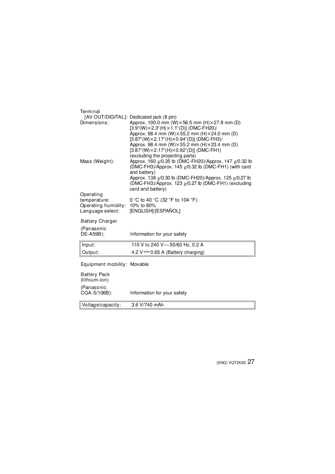 Panasonic DMC-FH3, DMC-FH20, DMC-FH1 Terminal, Operating humidity 10% to 80%, Battery Charger Panasonic, Input, Output 