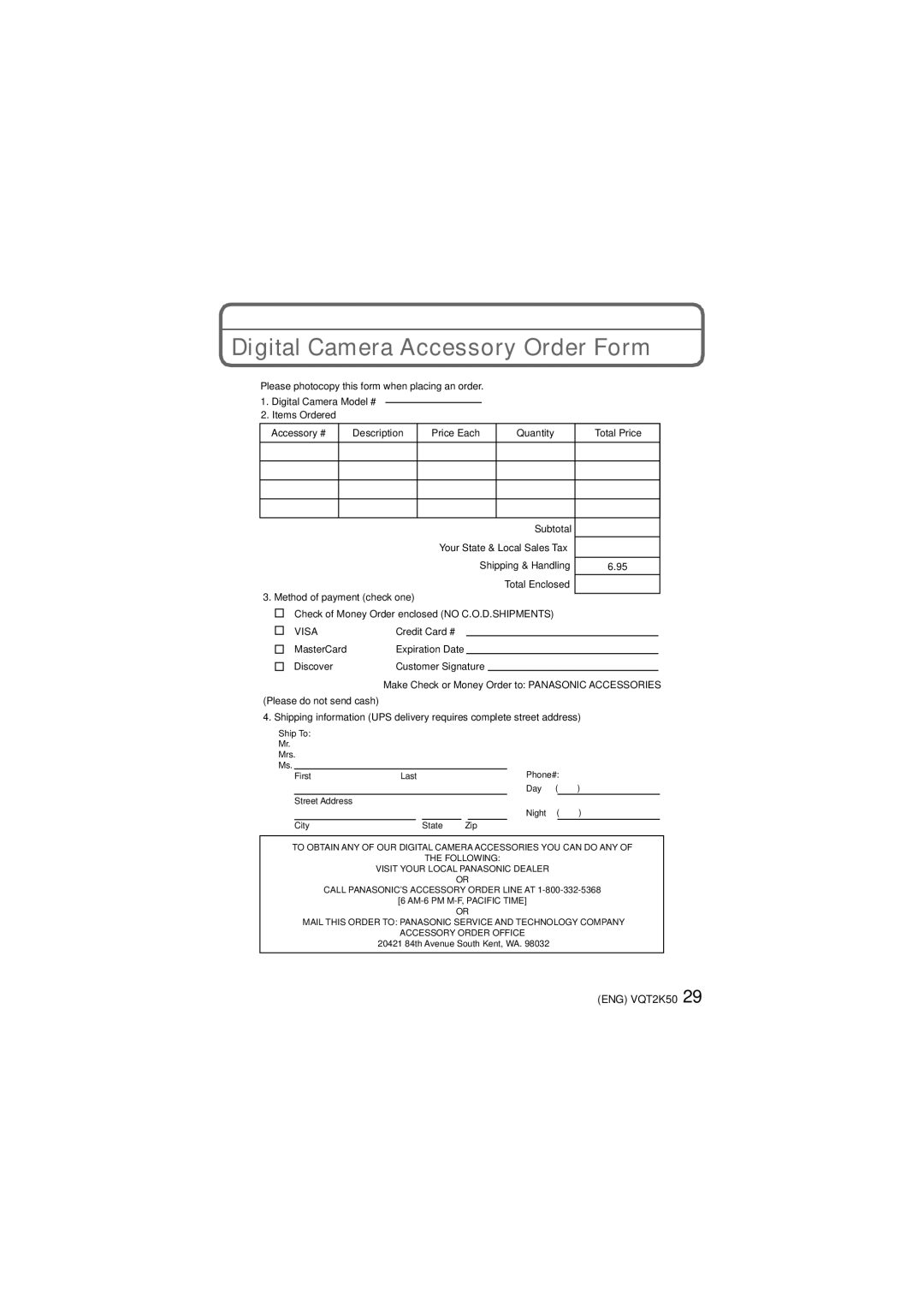 Panasonic DMC-FH1, DMC-FH3, DMC-FH20 operating instructions Digital Camera Accessory Order Form, Visa 