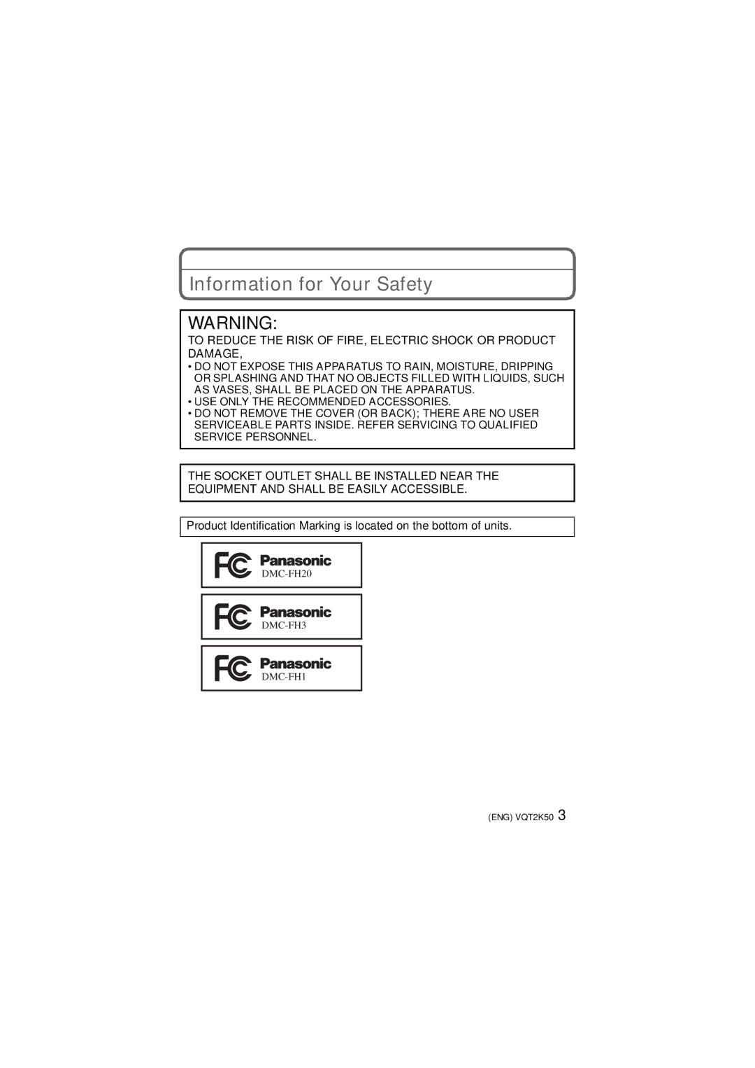 Panasonic DMC-FH3, DMC-FH20, DMC-FH1 operating instructions Information for Your Safety 