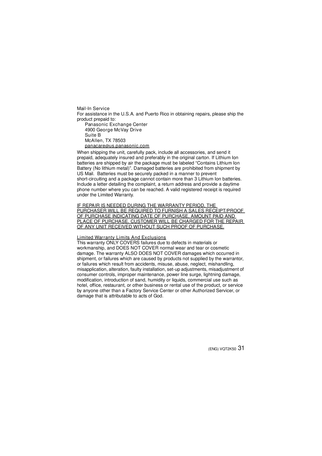 Panasonic DMC-FH20, DMC-FH3, DMC-FH1 operating instructions Mail-In Service, Limited Warranty Limits And Exclusions 