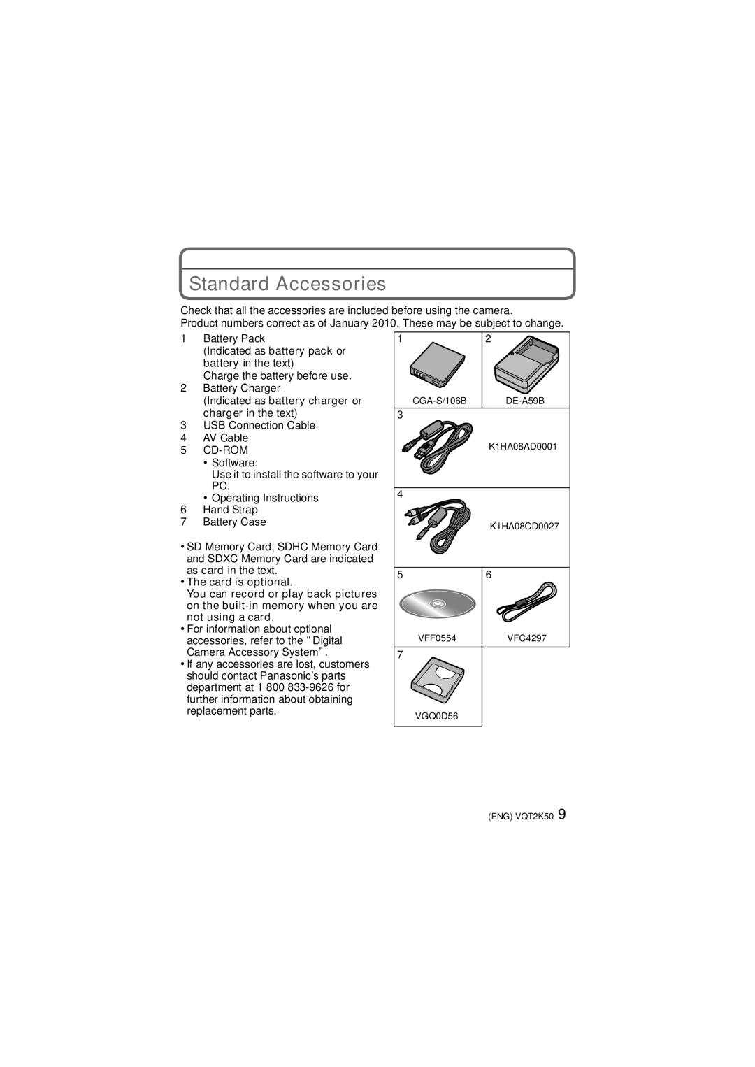 Panasonic DMC-FH3, DMC-FH20, DMC-FH1 Standard Accessories, Indicated as battery charger or charger in the text 