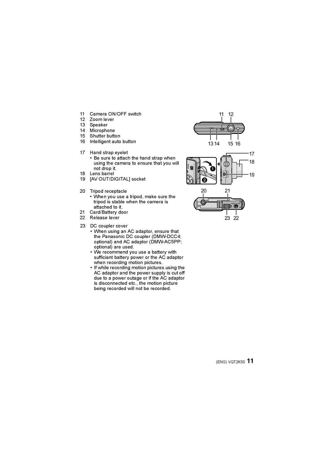 Panasonic DMC-FH1, DMC-FH3, DMC-FH20 operating instructions Camera ON/OFF switch 12 Zoom lever 