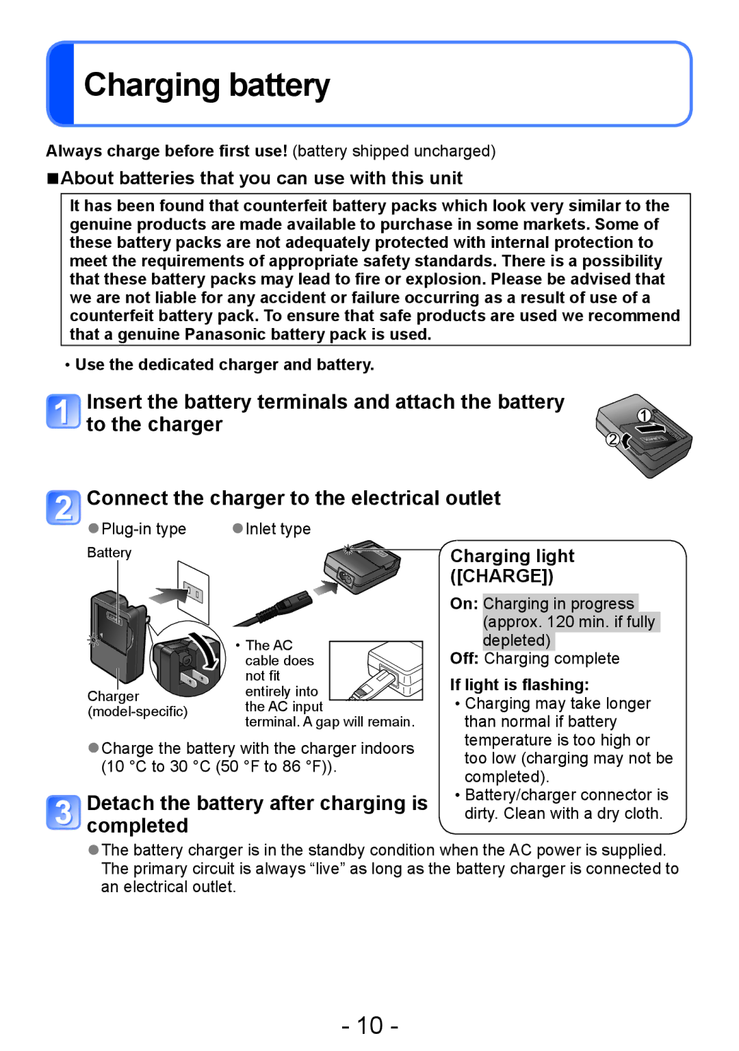 Panasonic DMC-S2, DMC-FH4, DMC-S5, DMC-FH6 Charging battery, Detach the battery after charging is, Completed, Charging light 