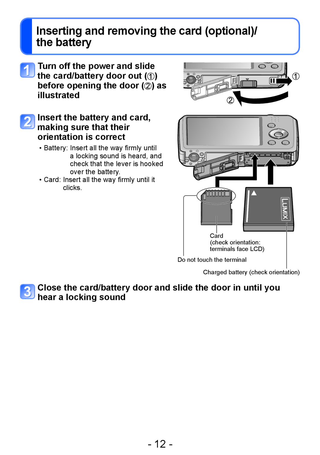 Panasonic DMC-FH4, DMC-S5, DMC-S2, DMC-FH6 operating instructions Inserting and removing the card optional/ the battery 