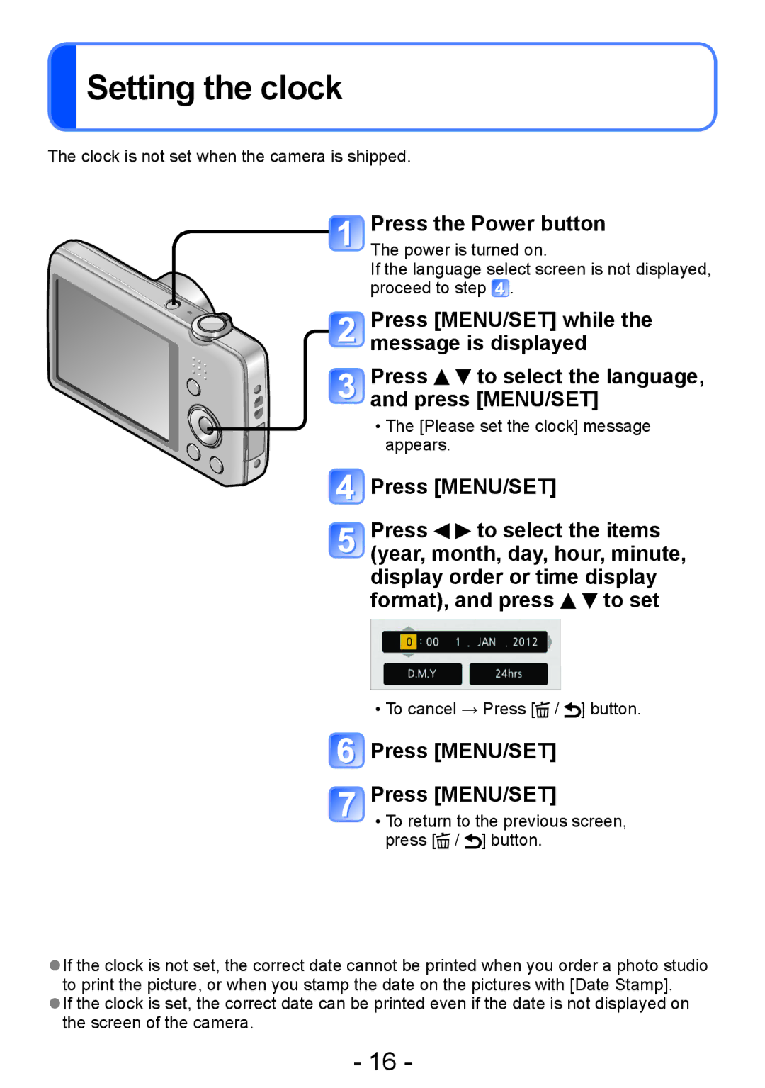 Panasonic DMC-FH4, DMC-S5, DMC-S2, DMC-FH6 operating instructions Setting the clock, Press the Power button, Press MENU/SET 