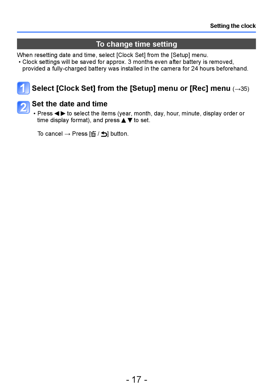 Panasonic DMC-S5, DMC-FH4, DMC-S2, DMC-FH6 operating instructions To change time setting, Setting the clock 