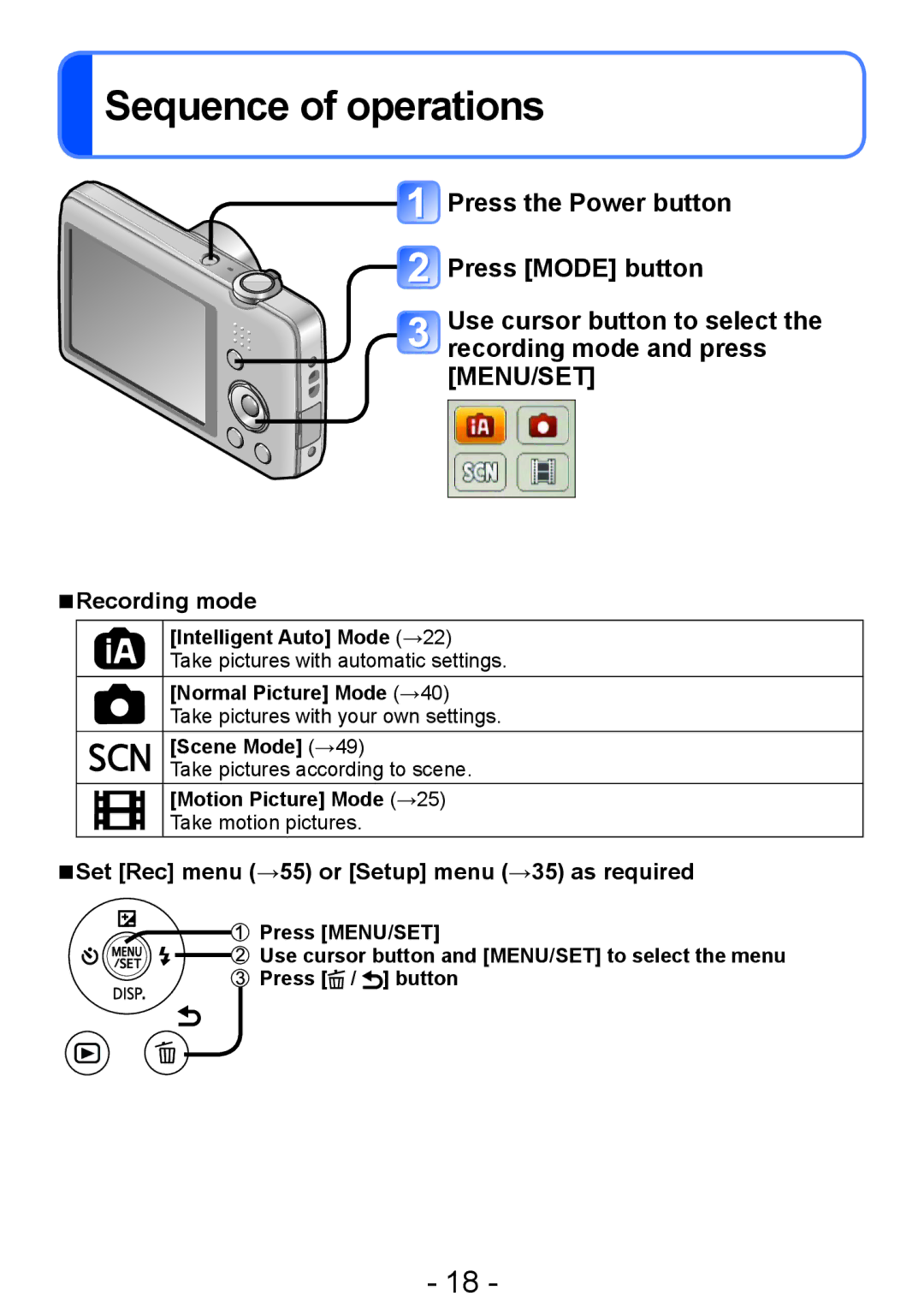 Panasonic DMC-S2, DMC-FH4, DMC-S5 Sequence of operations, Recording mode, Set Rec menu →55 or Setup menu →35 as required 