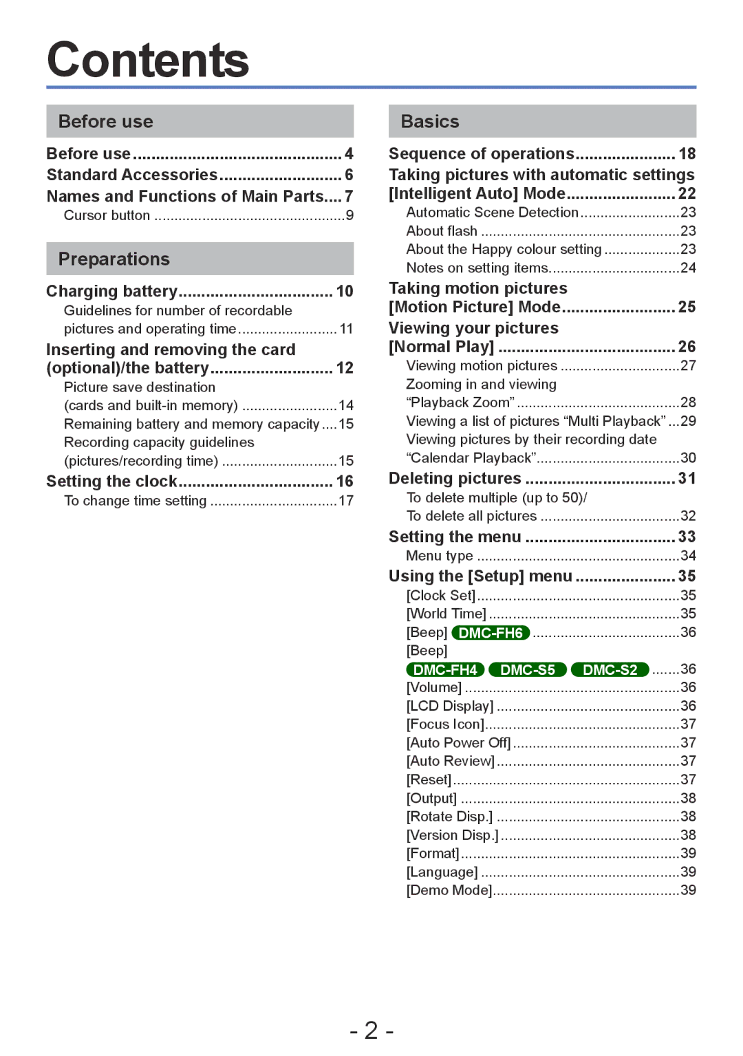 Panasonic DMC-S2, DMC-FH4, DMC-S5, DMC-FH6 operating instructions Contents 