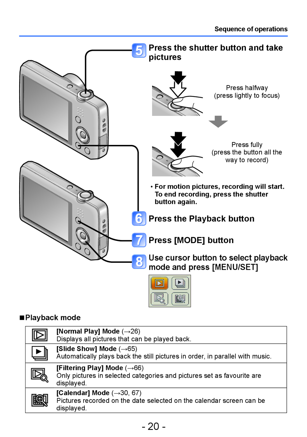 Panasonic DMC-FH4, DMC-S5, DMC-S2 Press the shutter button and take pictures, Press the Playback button Press Mode button 