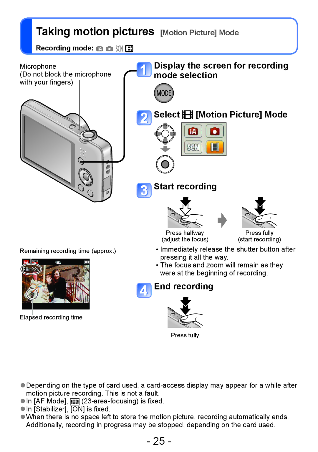 Panasonic DMC-S5, DMC-FH4, DMC-S2, DMC-FH6 operating instructions Taking motion pictures Motion Picture Mode, End recording 