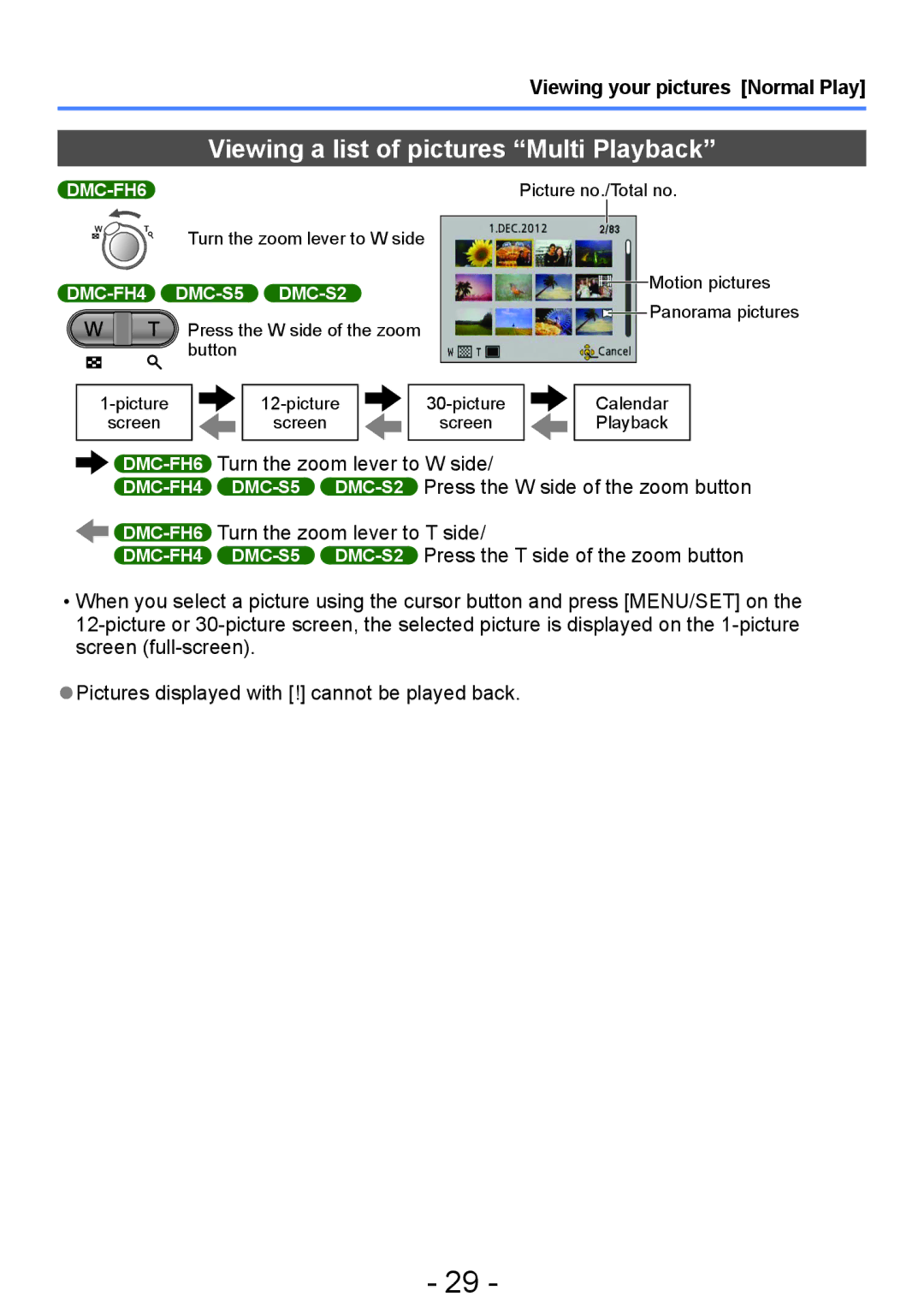 Panasonic DMC-S5, DMC-FH4, DMC-S2, DMC-FH6 Viewing a list of pictures Multi Playback, Press the T side of the zoom button 