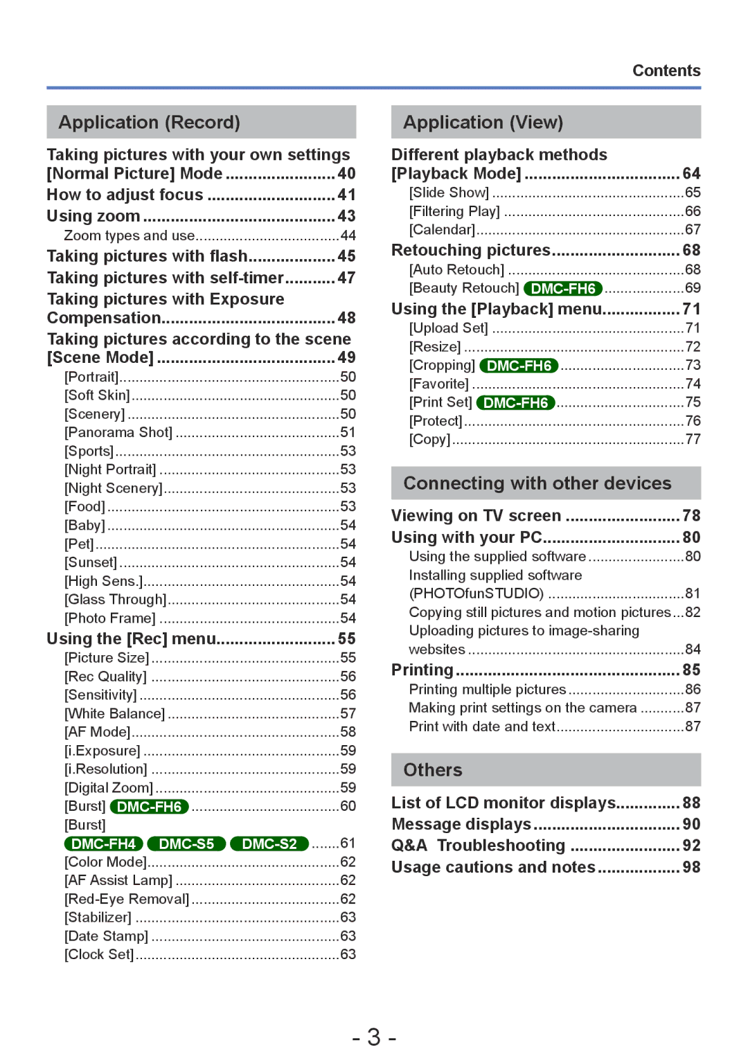 Panasonic DMC-FH6, DMC-FH4, DMC-S5, DMC-S2 Application Record, Application View, Connecting with other devices, Others 