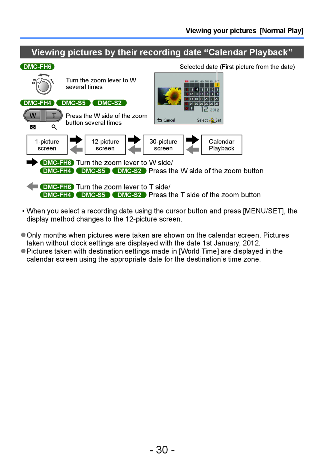 Panasonic DMC-S2, DMC-FH4, DMC-S5, DMC-FH6 operating instructions Viewing pictures by their recording date Calendar Playback 