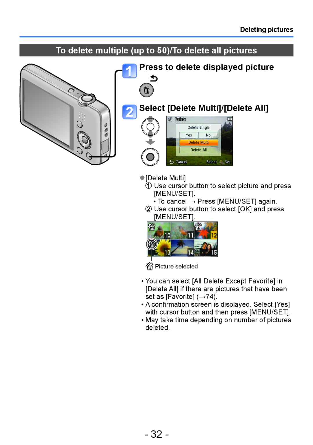 Panasonic DMC-FH4, DMC-S5, DMC-S2, DMC-FH6 To delete multiple up to 50/To delete all pictures, Deleting pictures 