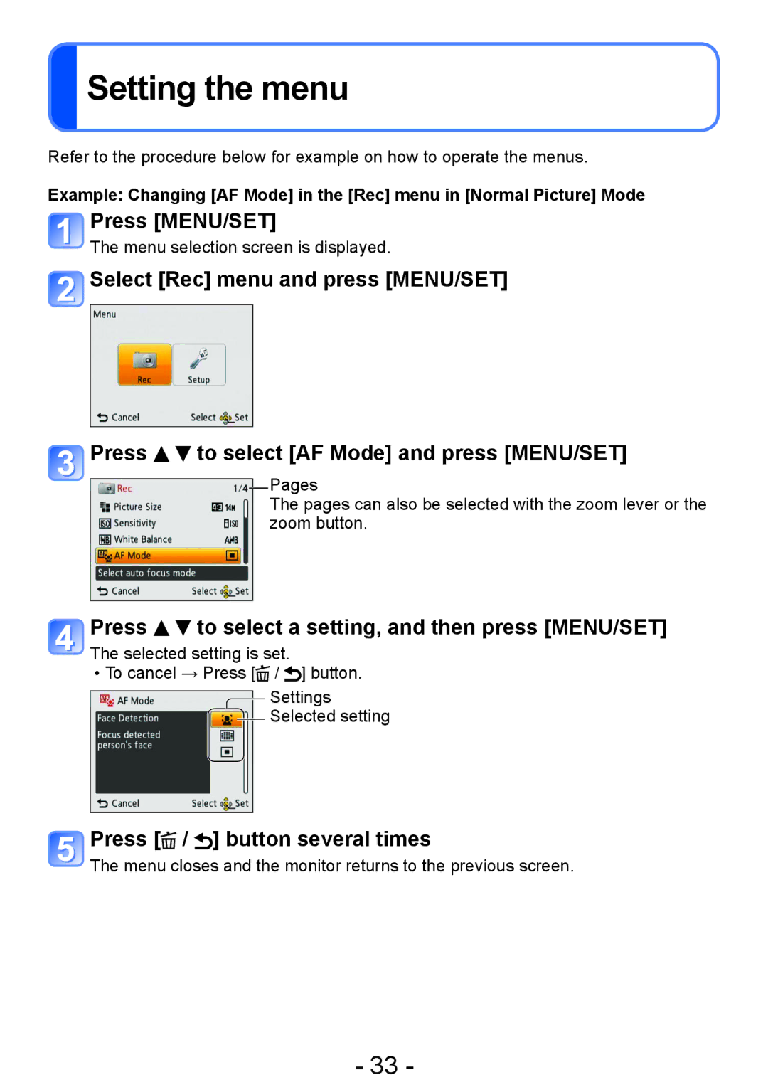 Panasonic DMC-S5 Setting the menu, Press to select a setting, and then press MENU/SET, Press / button several times 