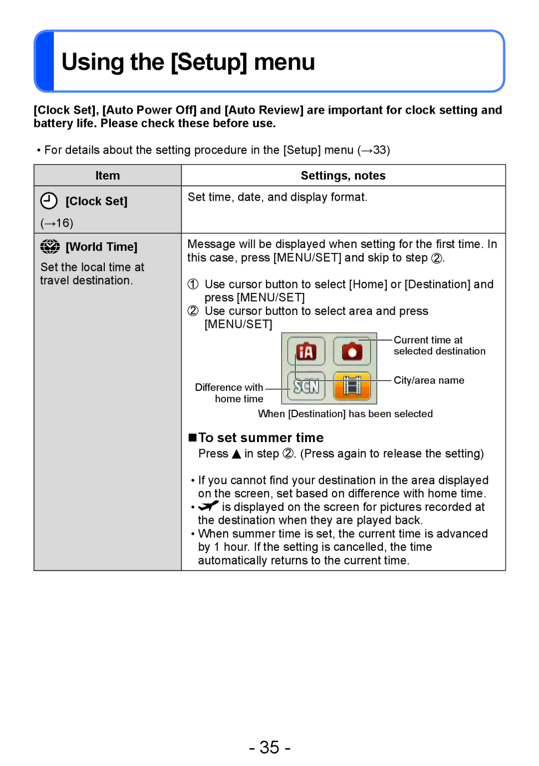 Panasonic DMC-FH6, DMC-FH4, DMC-S5, DMC-S2 Using the Setup menu, To set summer time, Clock Set, World Time, Settings, notes 