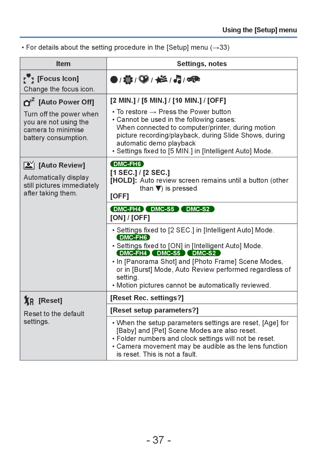 Panasonic DMC-S5 Settings, notes, Focus Icon, Auto Power Off MIN. / 5 MIN. / 10 MIN. / OFF, Auto Review, SEC. / 2 SEC 