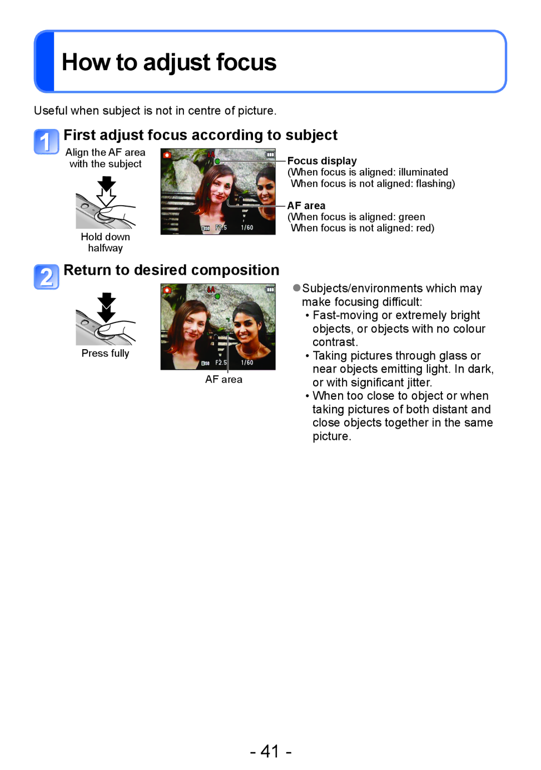 Panasonic DMC-S5 How to adjust focus, First adjust focus according to subject, Return to desired composition, AF area 