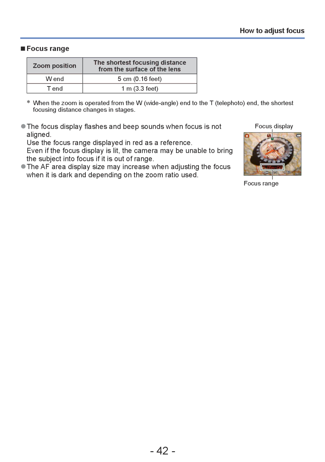 Panasonic DMC-S2, DMC-FH4, DMC-S5, DMC-FH6 How to adjust focus Focus range, Zoom position Shortest focusing distance 