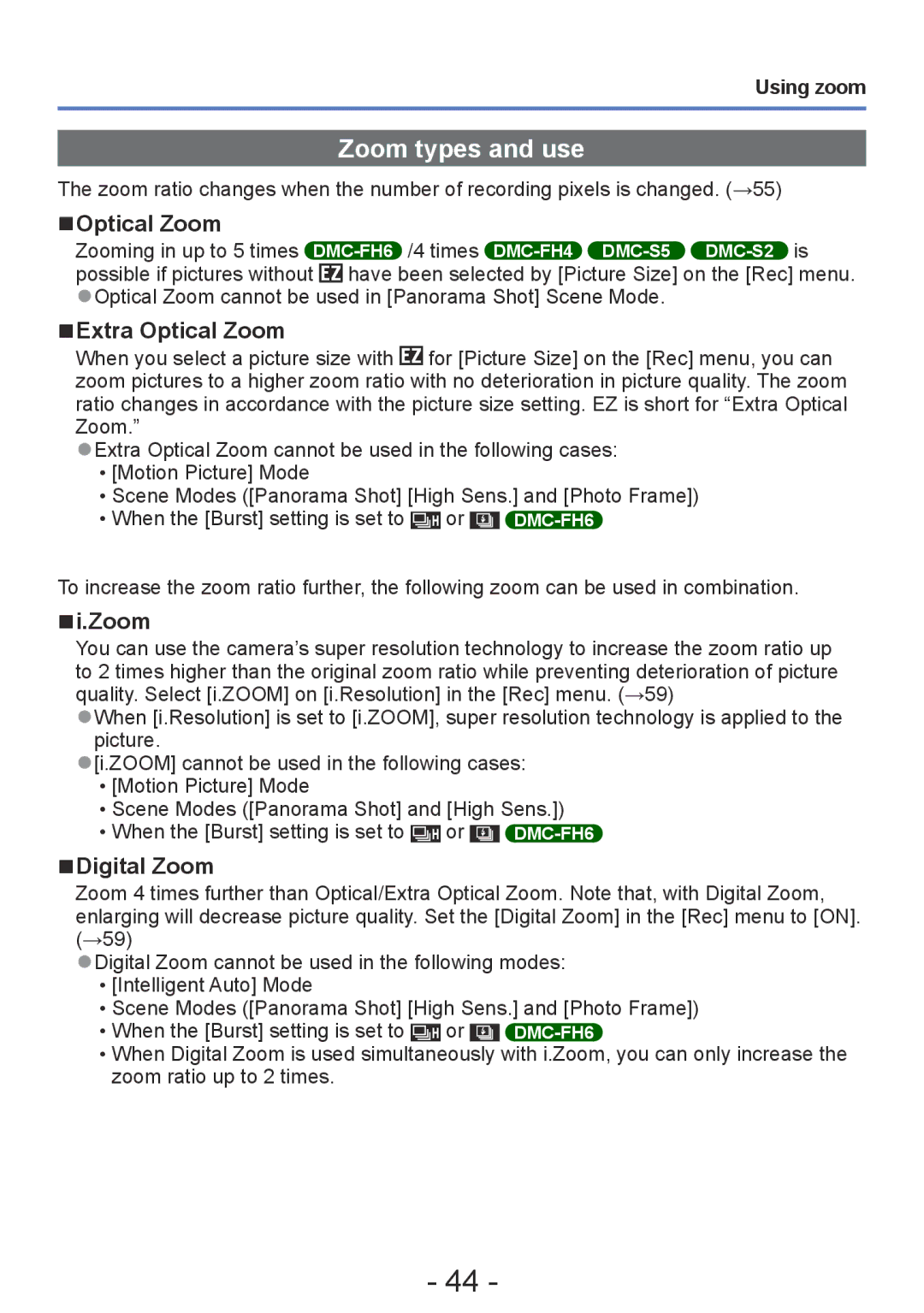 Panasonic DMC-FH4, DMC-S5, DMC-S2, DMC-FH6 operating instructions Zoom types and use, Extra Optical Zoom, Digital Zoom 