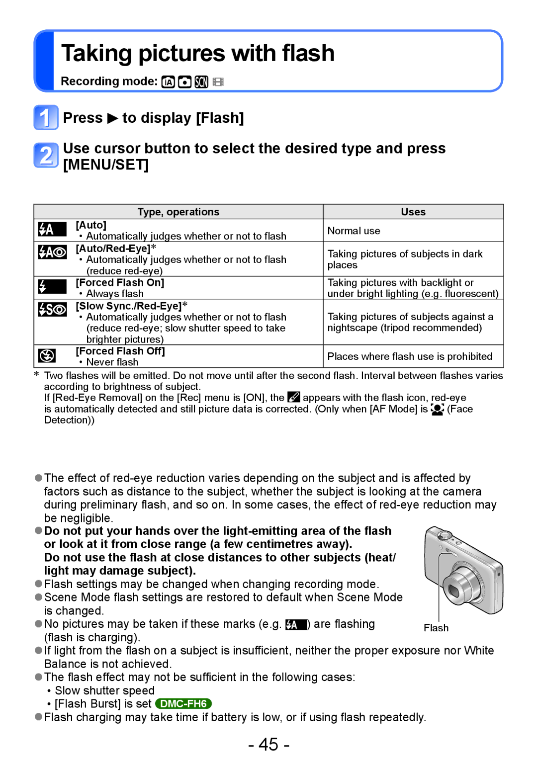 Panasonic DMC-S5, DMC-FH4, DMC-S2, DMC-FH6 operating instructions Taking pictures with flash, Light may damage subject 