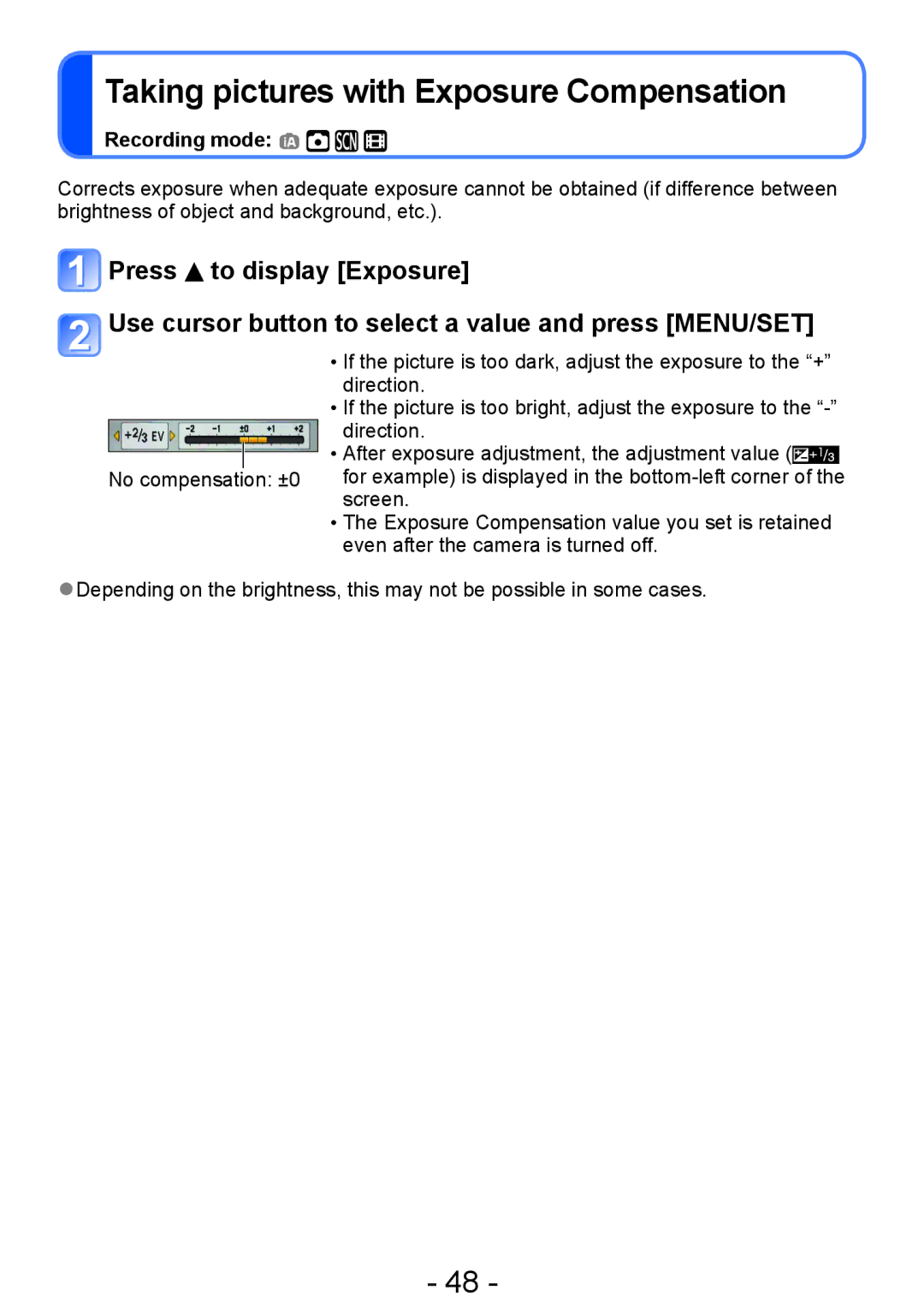 Panasonic DMC-FH4, DMC-S5, DMC-S2, DMC-FH6 operating instructions Taking pictures with Exposure Compensation 