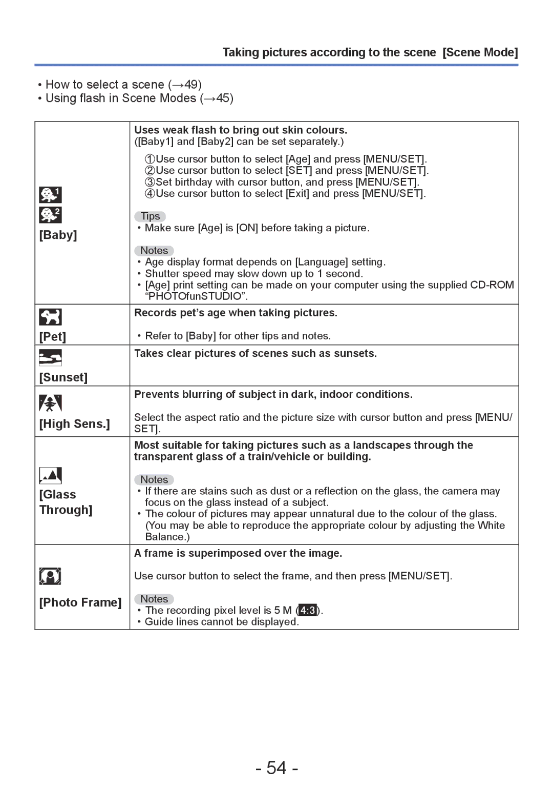 Panasonic DMC-S2, DMC-FH4, DMC-S5, DMC-FH6 operating instructions Baby, Pet, Sunset, High Sens, Glass, Through, Photo Frame 