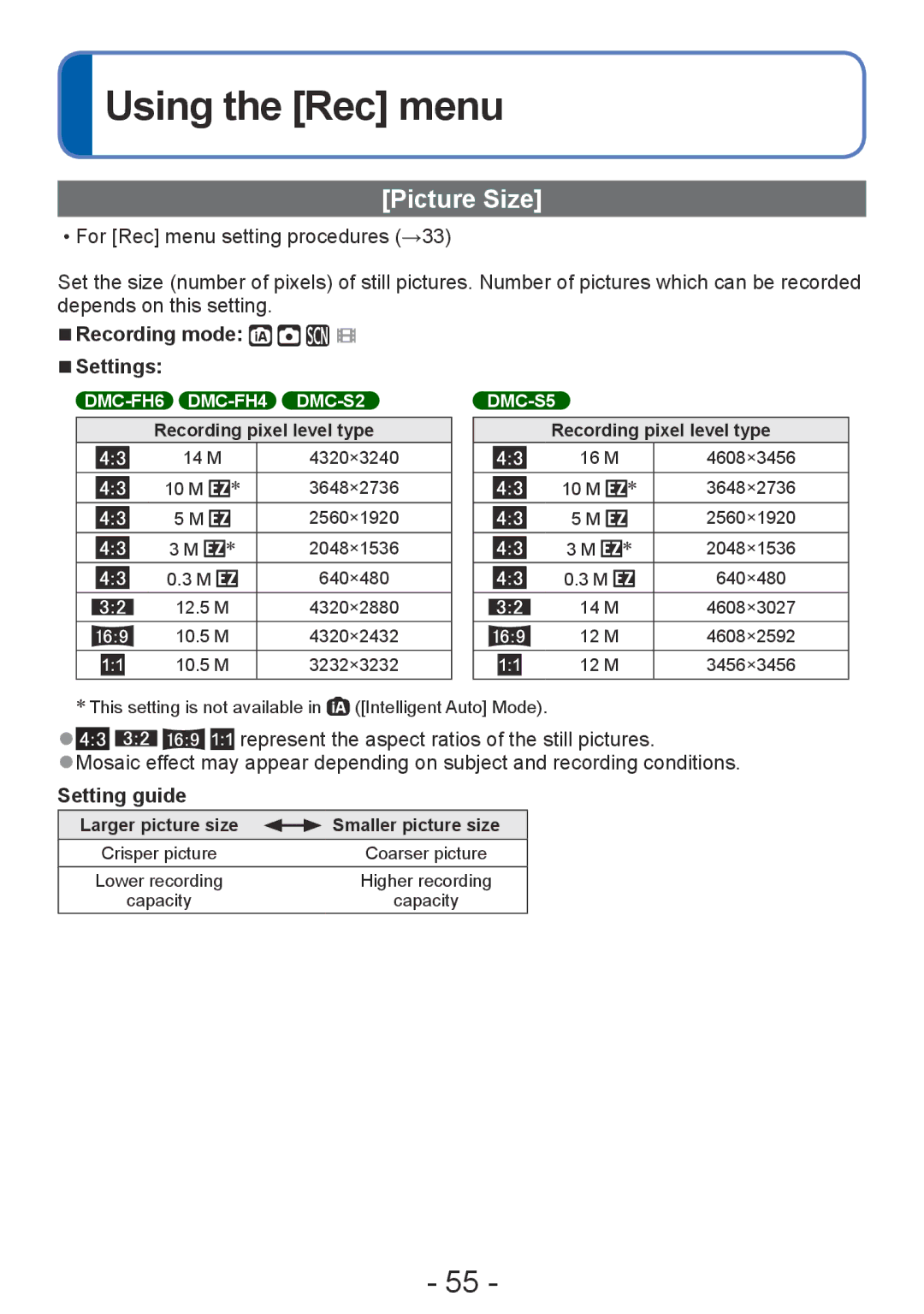 Panasonic DMC-FH6, DMC-FH4, DMC-S5, DMC-S2 Using the Rec menu, Picture Size, Recording mode Settings, Setting guide 