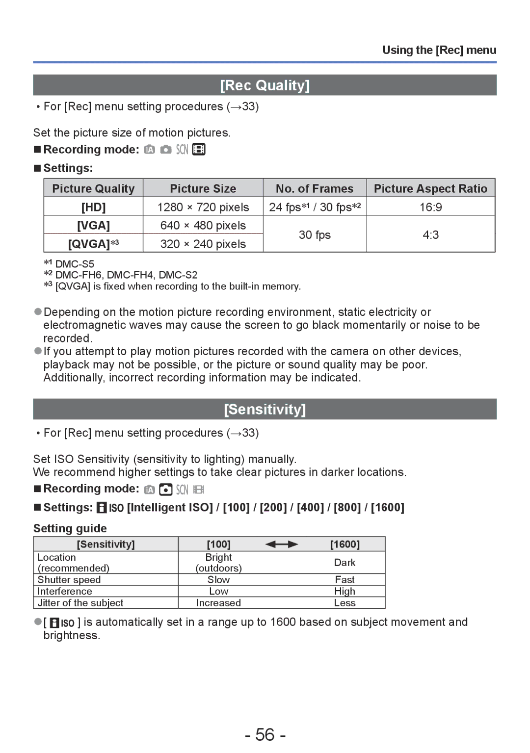 Panasonic DMC-FH4, DMC-S5 Rec Quality, Sensitivity, Using the Rec menu, Settings Intelligent ISO / 100 / 200 / 400 / 800 