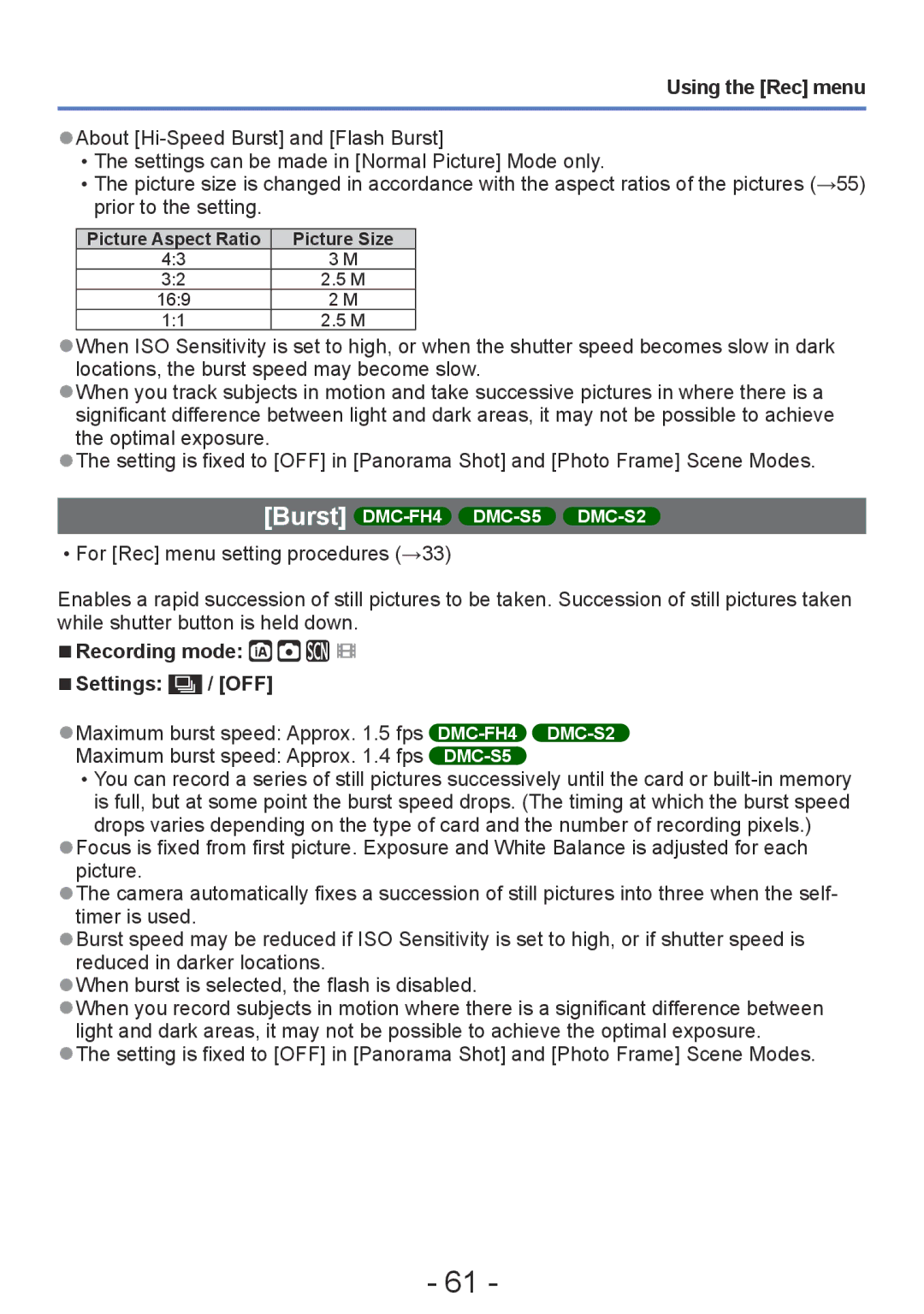 Panasonic DMC-S5, DMC-FH4, DMC-S2, DMC-FH6 operating instructions Recording mode Settings / OFF, Picture Aspect Ratio 