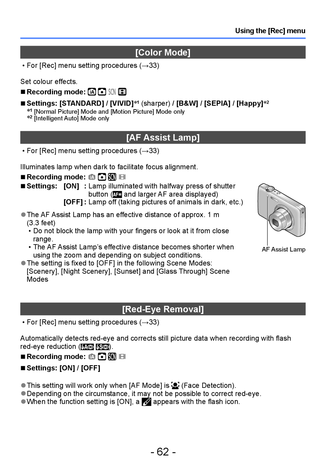 Panasonic DMC-S2, DMC-FH4, DMC-S5, DMC-FH6 operating instructions Color Mode, AF Assist Lamp, Red-Eye Removal 