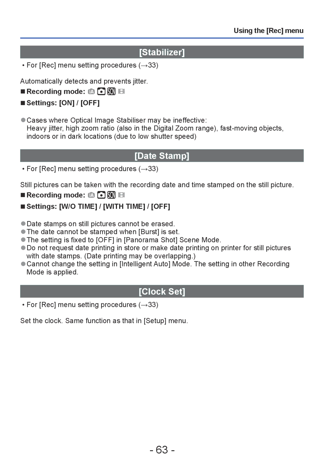 Panasonic DMC-FH6, DMC-FH4, DMC-S5 Stabilizer, Date Stamp, Clock Set, Recording mode Settings W/O Time / with Time / OFF 