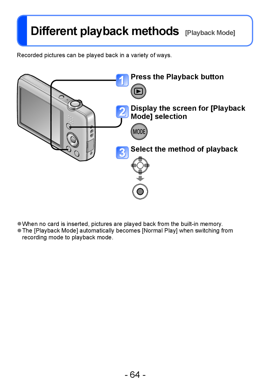 Panasonic DMC-FH4, DMC-S5, DMC-S2, DMC-FH6 operating instructions Different playback methods Playback Mode 