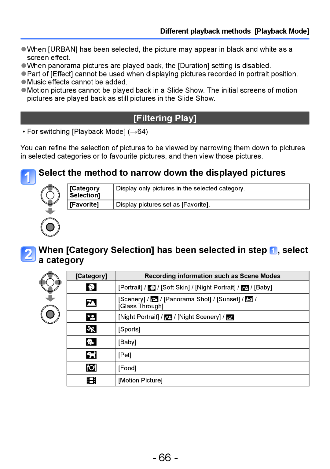 Panasonic DMC-S2, DMC-FH4, DMC-S5, DMC-FH6 Filtering Play, Select the method to narrow down the displayed pictures 