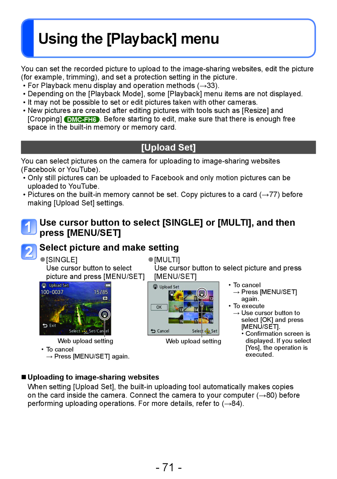 Panasonic DMC-FH6, DMC-FH4, DMC-S5, DMC-S2 Using the Playback menu, Upload Set, Uploading to image-sharing websites 