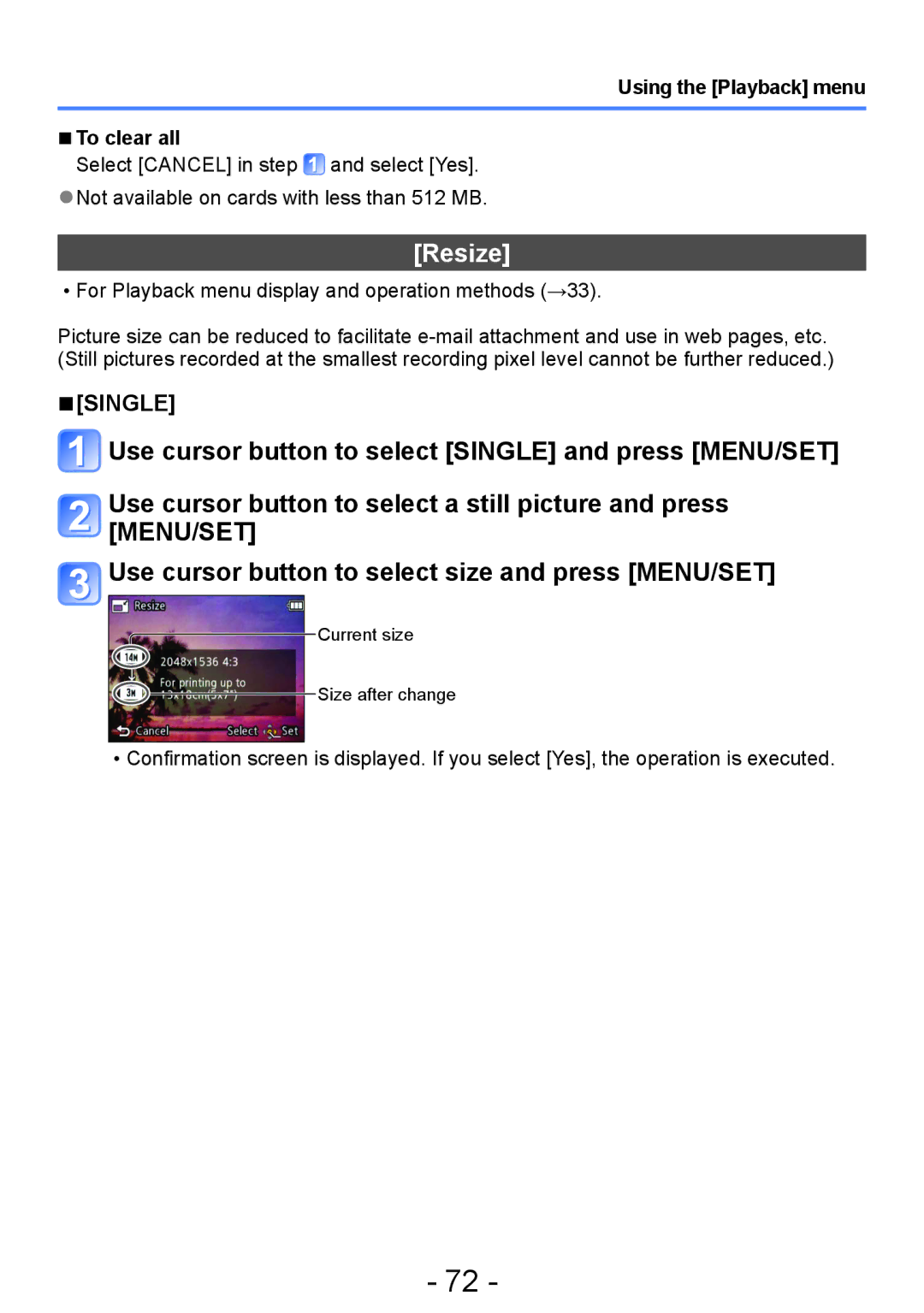 Panasonic DMC-FH4, DMC-S5, DMC-S2, DMC-FH6 operating instructions Resize, Using the Playback menu To clear all 