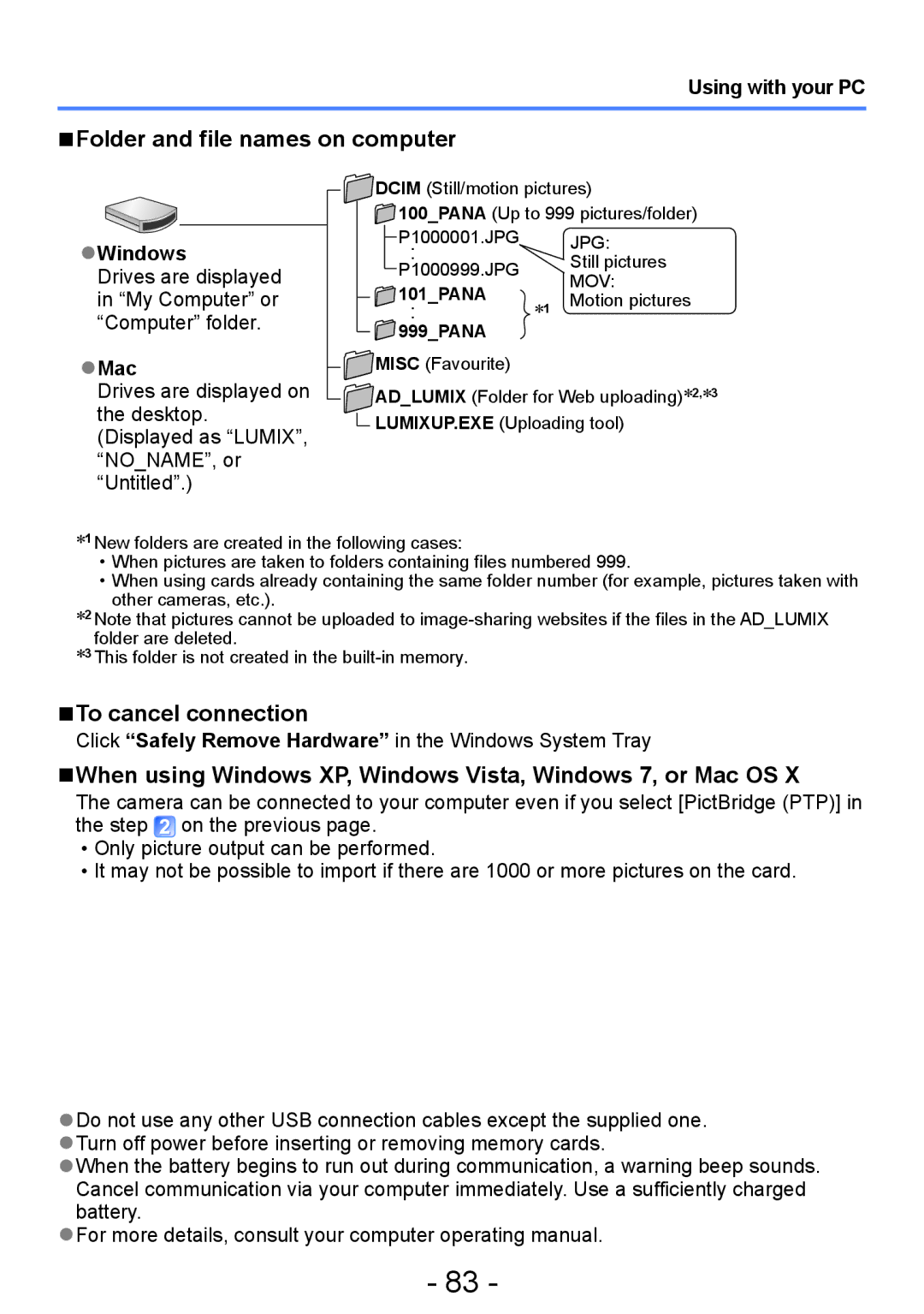 Panasonic DMC-FH6, DMC-FH4, DMC-S5, DMC-S2 Folder and file names on computer, To cancel connection, Windows, Mac 