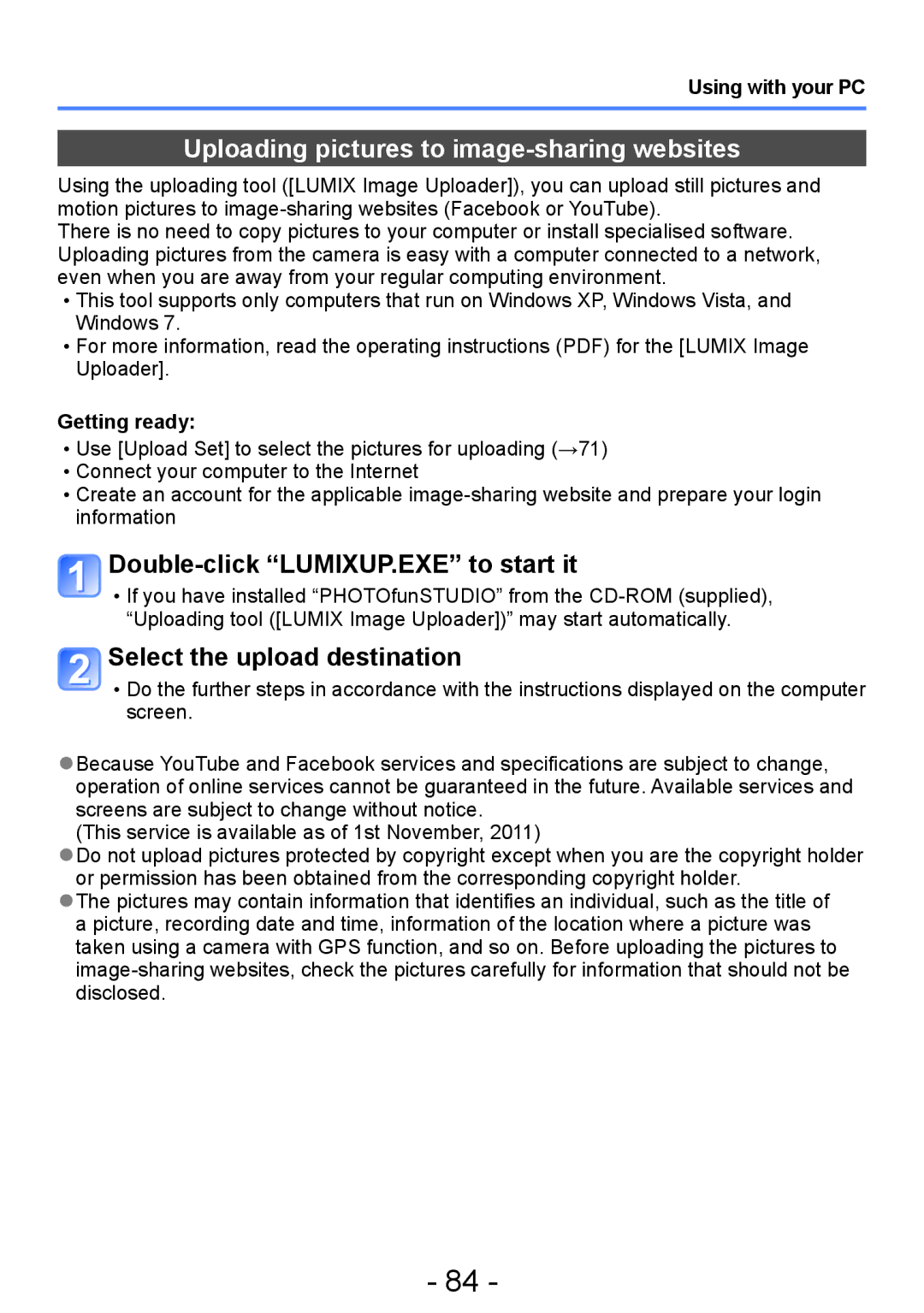 Panasonic DMC-FH4, DMC-S5, DMC-S2 Uploading pictures to image-sharing websites, Double-click LUMIXUP.EXE to start it 