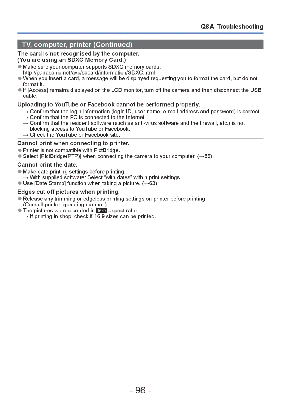 Panasonic DMC-FH4, DMC-S5, DMC-S2, DMC-FH6 operating instructions Cannot print the date, Edges cut off pictures when printing 