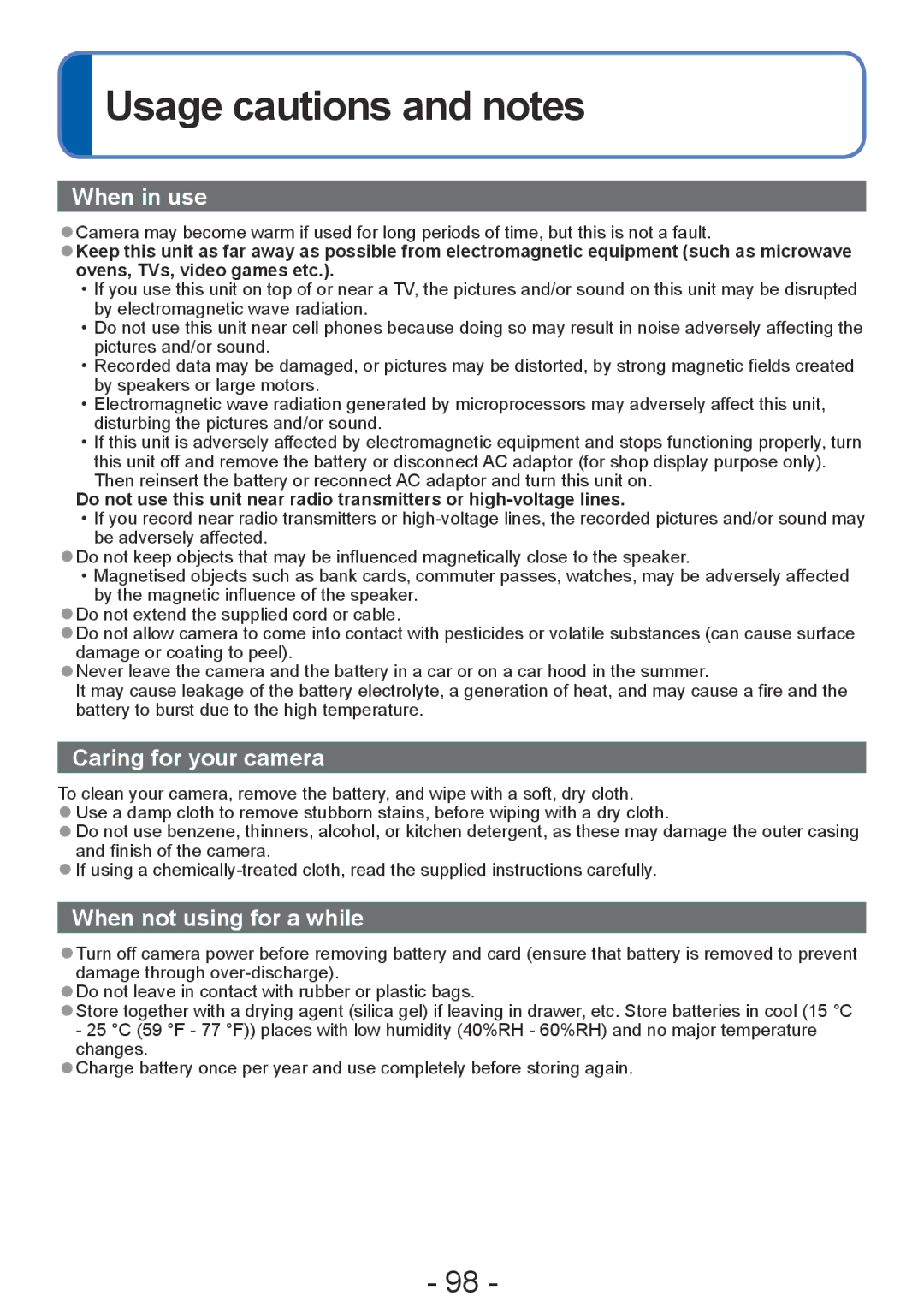 Panasonic DMC-S2, DMC-FH4, DMC-S5, DMC-FH6 operating instructions Usage cautions and notes, When in use 