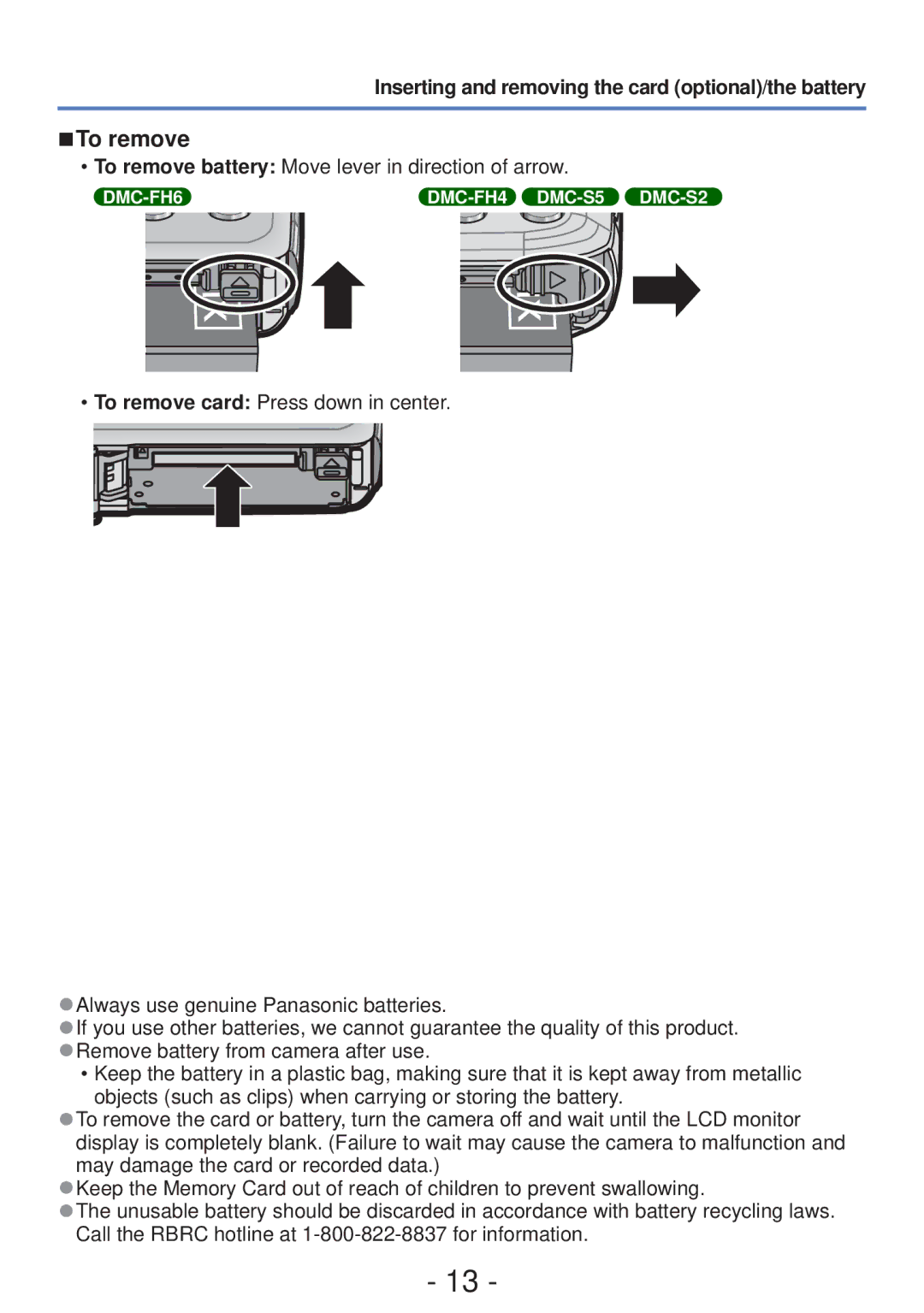 Panasonic DMC-S5, DMC-FH4 owner manual To remove, Inserting and removing the card optional/the battery 