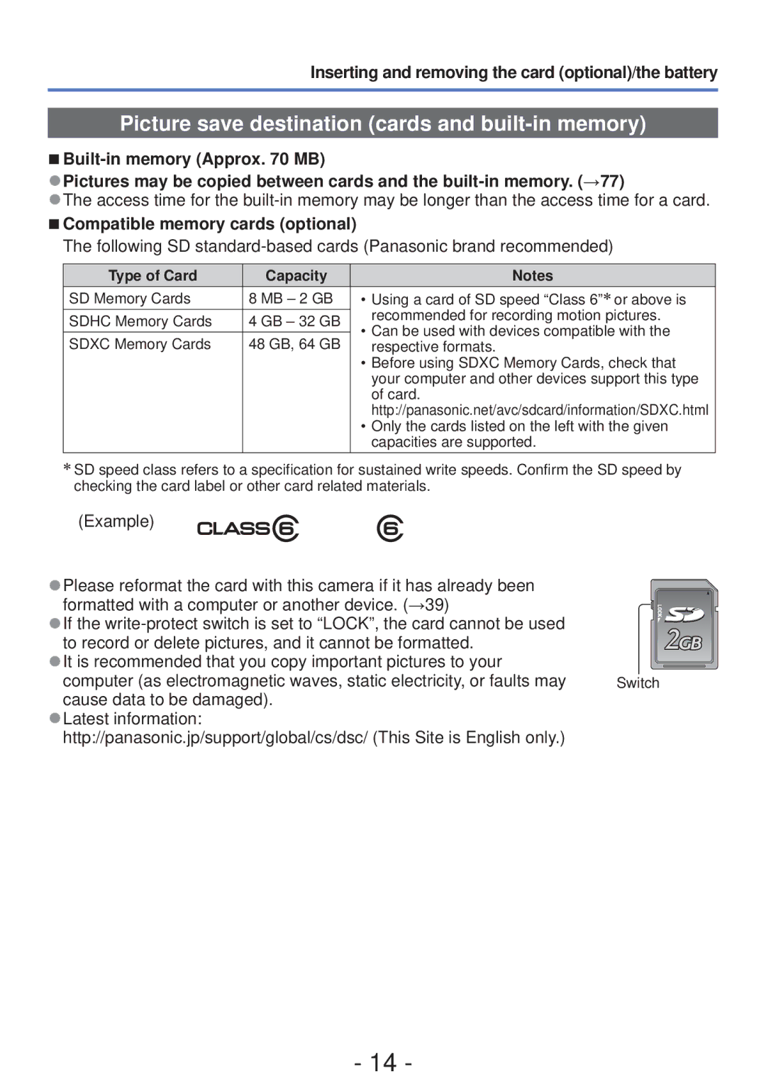 Panasonic DMC-FH4, DMC-S5 owner manual Picture save destination cards and built-in memory, Compatible memory cards optional 