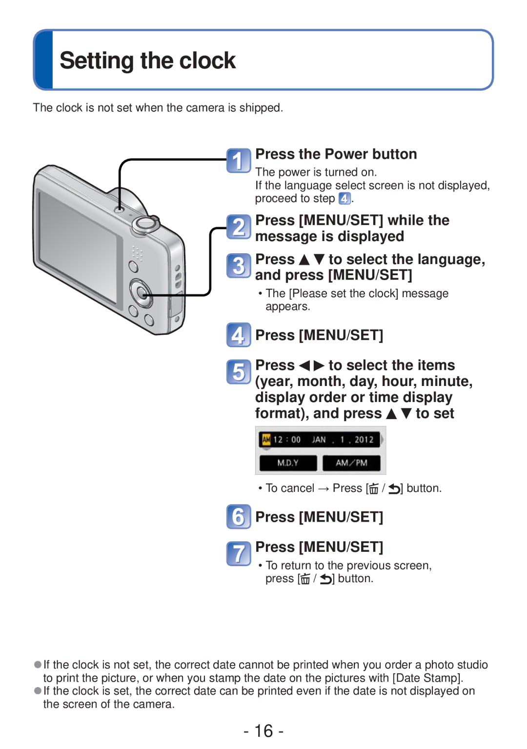 Panasonic DMC-FH4, DMC-S5 Setting the clock, Press the Power button, Press MENU/SET while the message is displayed 