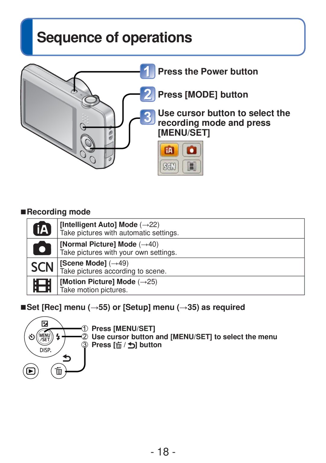 Panasonic DMC-FH4, DMC-S5 Sequence of operations, Recording mode, Set Rec menu →55 or Setup menu →35 as required 