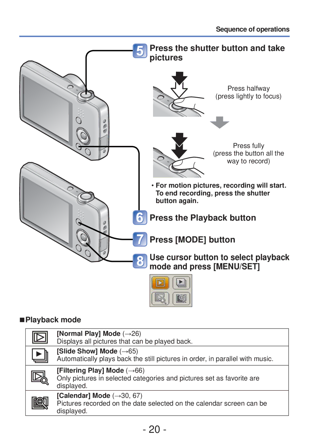 Panasonic DMC-FH4, DMC-S5 Press the shutter button and take pictures, Press the Playback button Press Mode button 