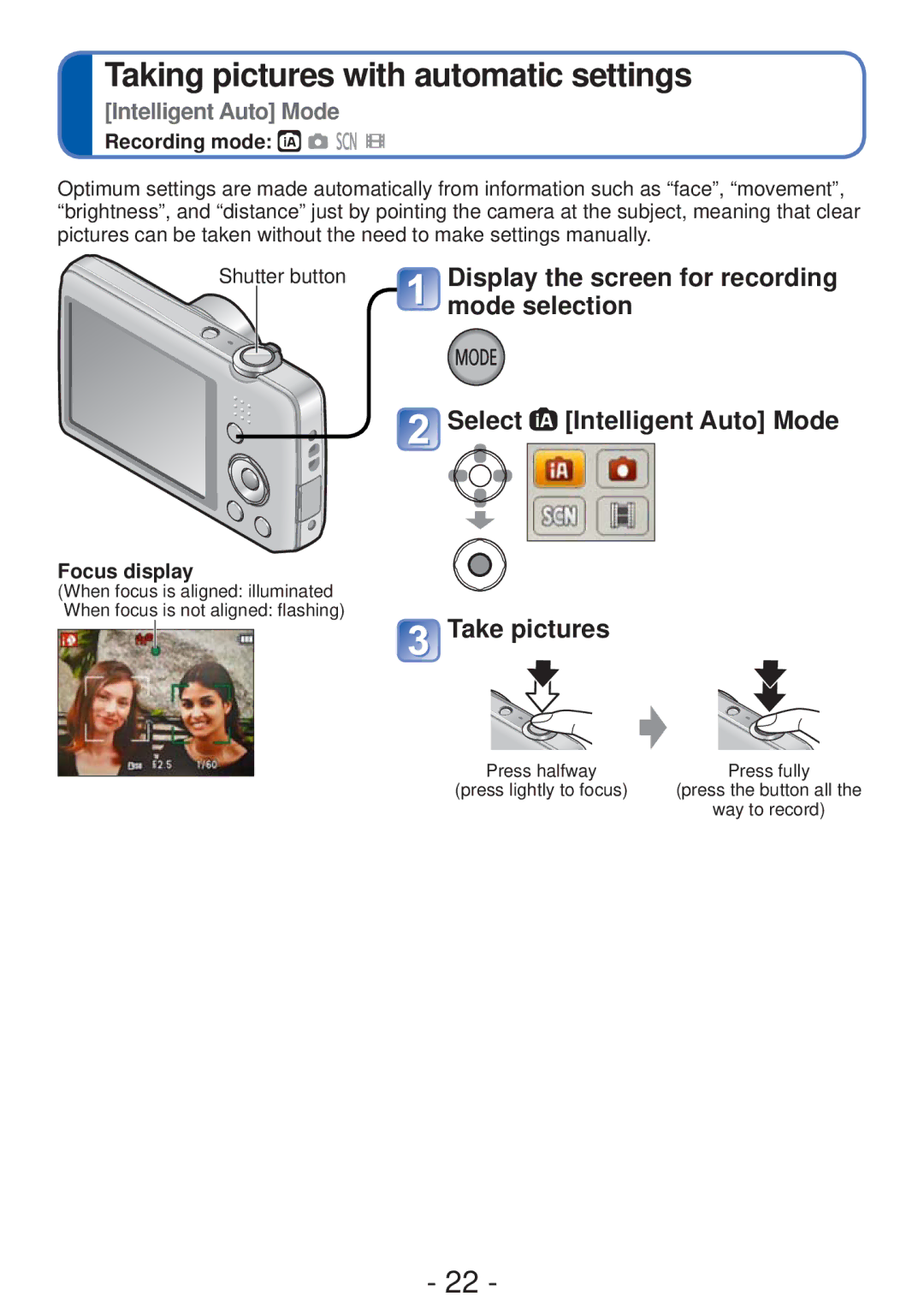 Panasonic DMC-FH4, DMC-S5 Display the screen for recording, Mode selection, Select Intelligent Auto Mode Take pictures 